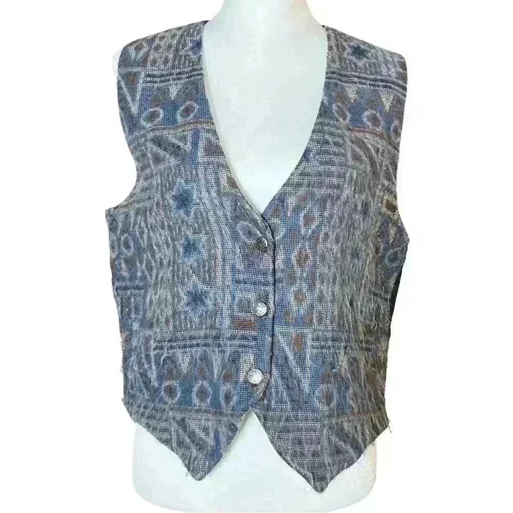 Vintage 90s Western Boho Blue Geometric Pattern Vest. Made in the USA. Size M L